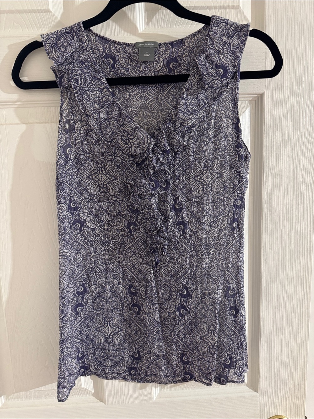 Ann Taylor Purple and White Paisley Ruffle V-Neck Shell
